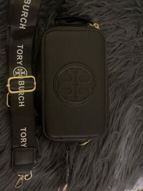 Tory Burch Black Leather Logo Crossbody Bag with Branded Strap